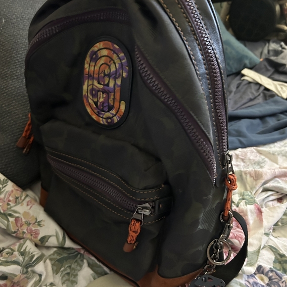 Coach BackPack, Green Army Camouflage with Orange and Purple Accents - Picture 3 of 6